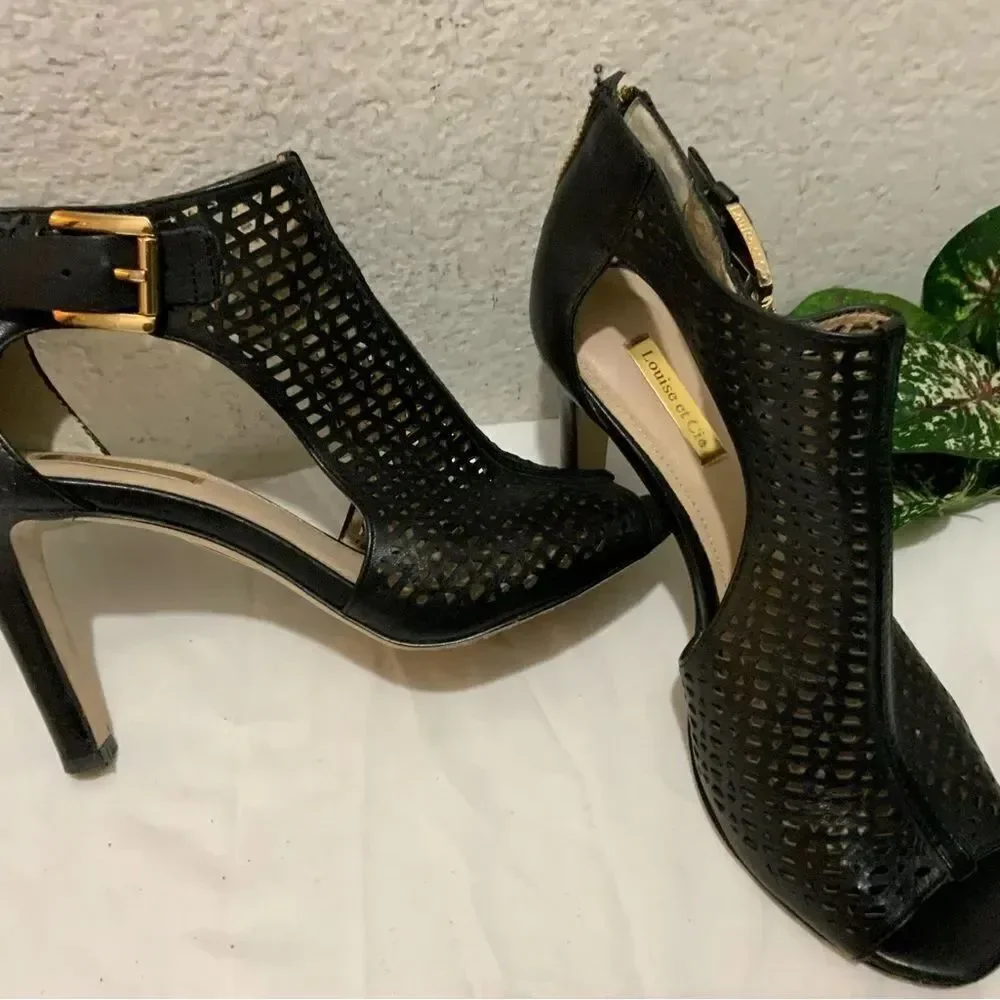 Louise et Cie Women's Black Heels Size 8 Leather Olivia Cut Out Open Toe Peep